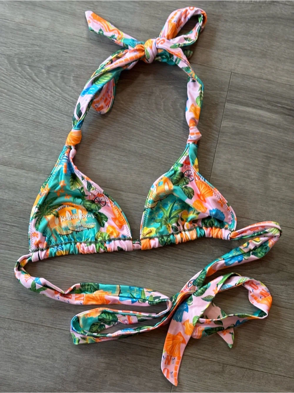 Kulani Kinis Sunlit Spritz Pink & Teal Tropical Print Halter Bikini Top Sz M